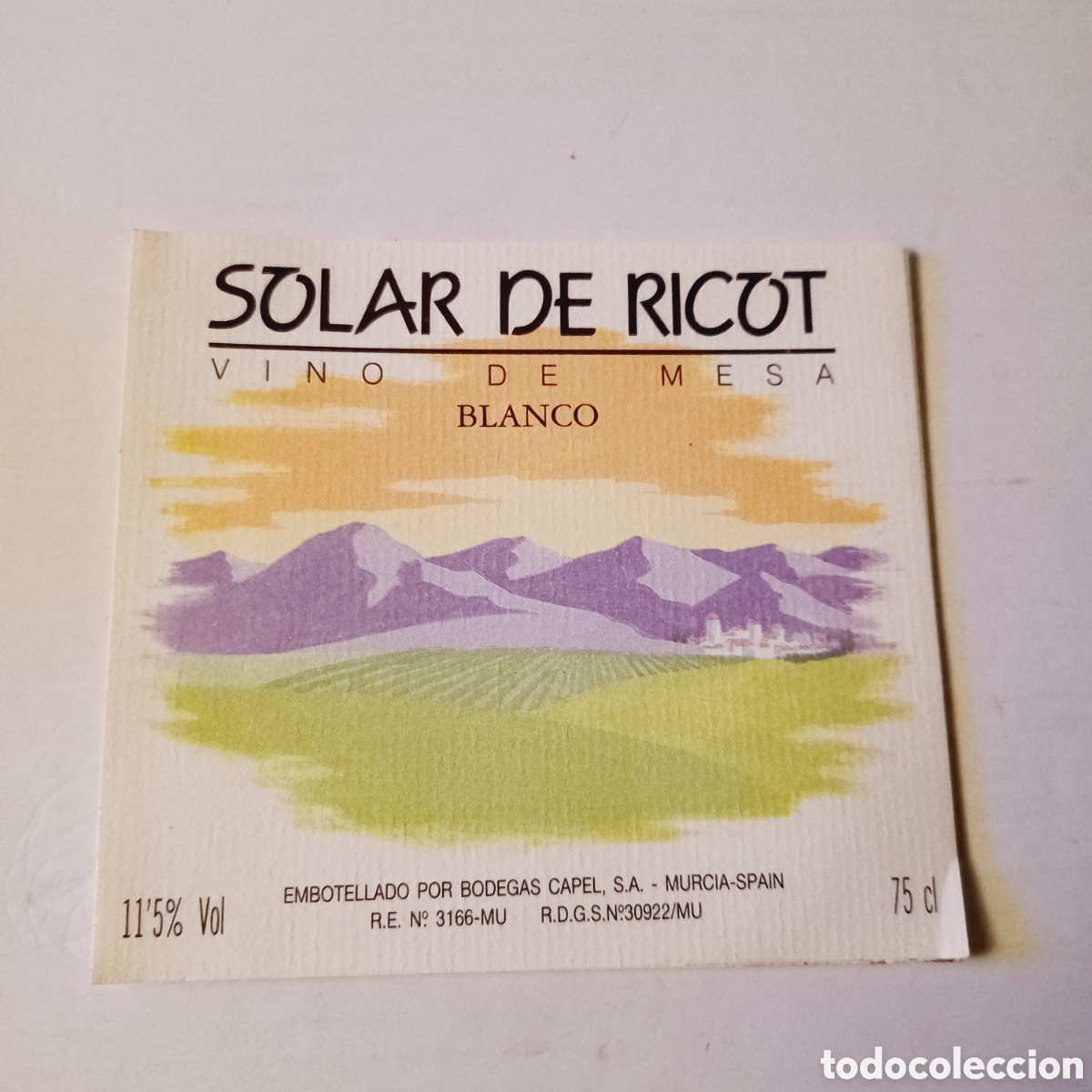 Etiquetas antiguas: Etiqueta a&ntilde;os 90 Vino de mesa blanco Solar de Ricot Murcia 10x9 cm