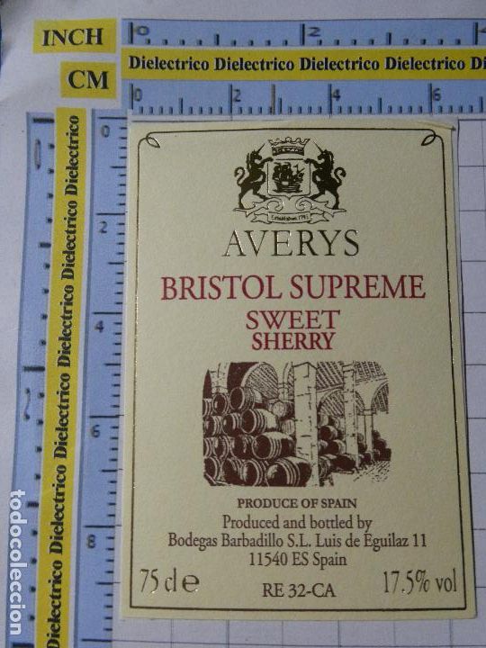 Etichette antiche: ETIQUETA DE BEBIDAS. VINO LICORES. AVERYS BRISTOL SUPREME SWEET SHERRY. 225