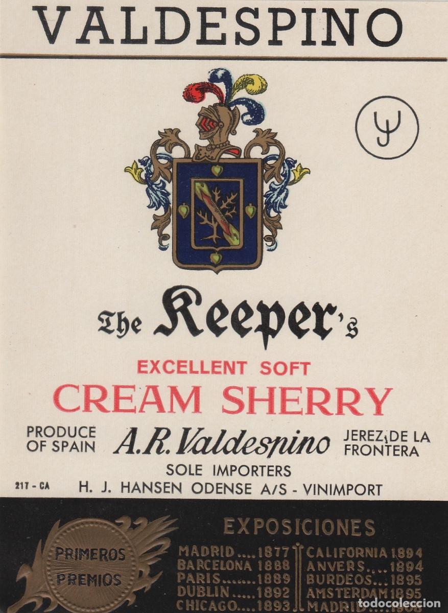 Etiquetas antiguas: VALDESPINO . JEREZ , REEPER CREAM SHERRY . ETIQUETA DE VINO ref 154