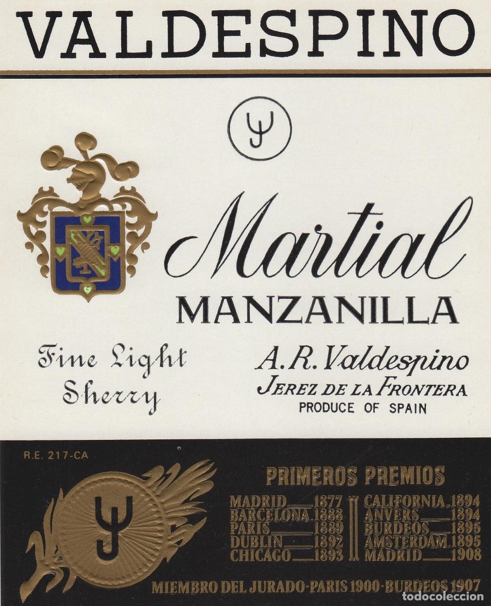 Etiquetas antiguas: VALDESPINO . JEREZ , MARTIAL MANZANILLA . ETIQUETA DE VINO ref 155