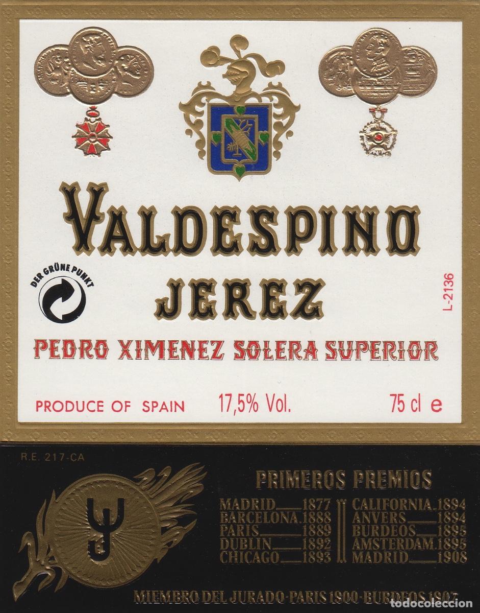 Etiquetas antiguas: VALDESPINO . JEREZ , PEDRO XIMENEZ SOLERA SUPERIOR . ETIQUETA DE VINO ref 157