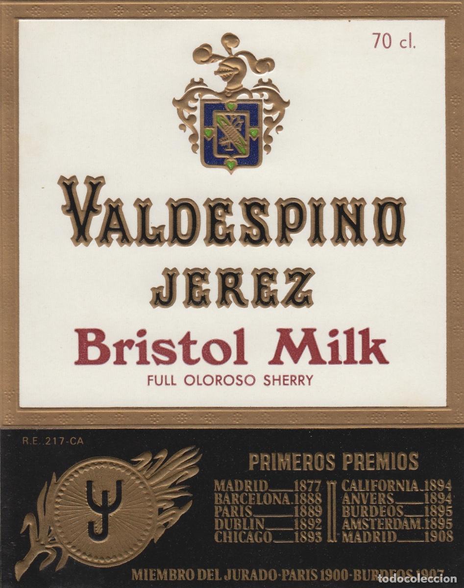 Etiquetas antiguas: VALDESPINO . JEREZ , BRISTOL MILK . ETIQUETA DE VINO ref 157