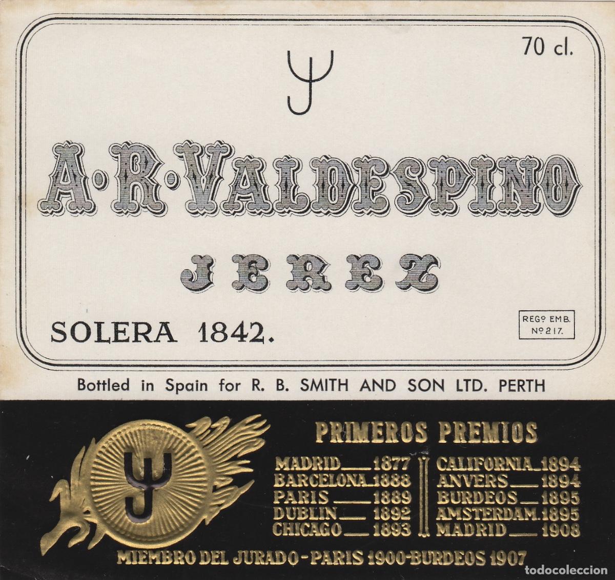 Etiquetas antiguas: VALDESPINO . JEREZ , SOLERA 1842 . ETIQUETA DE VINO ref 158