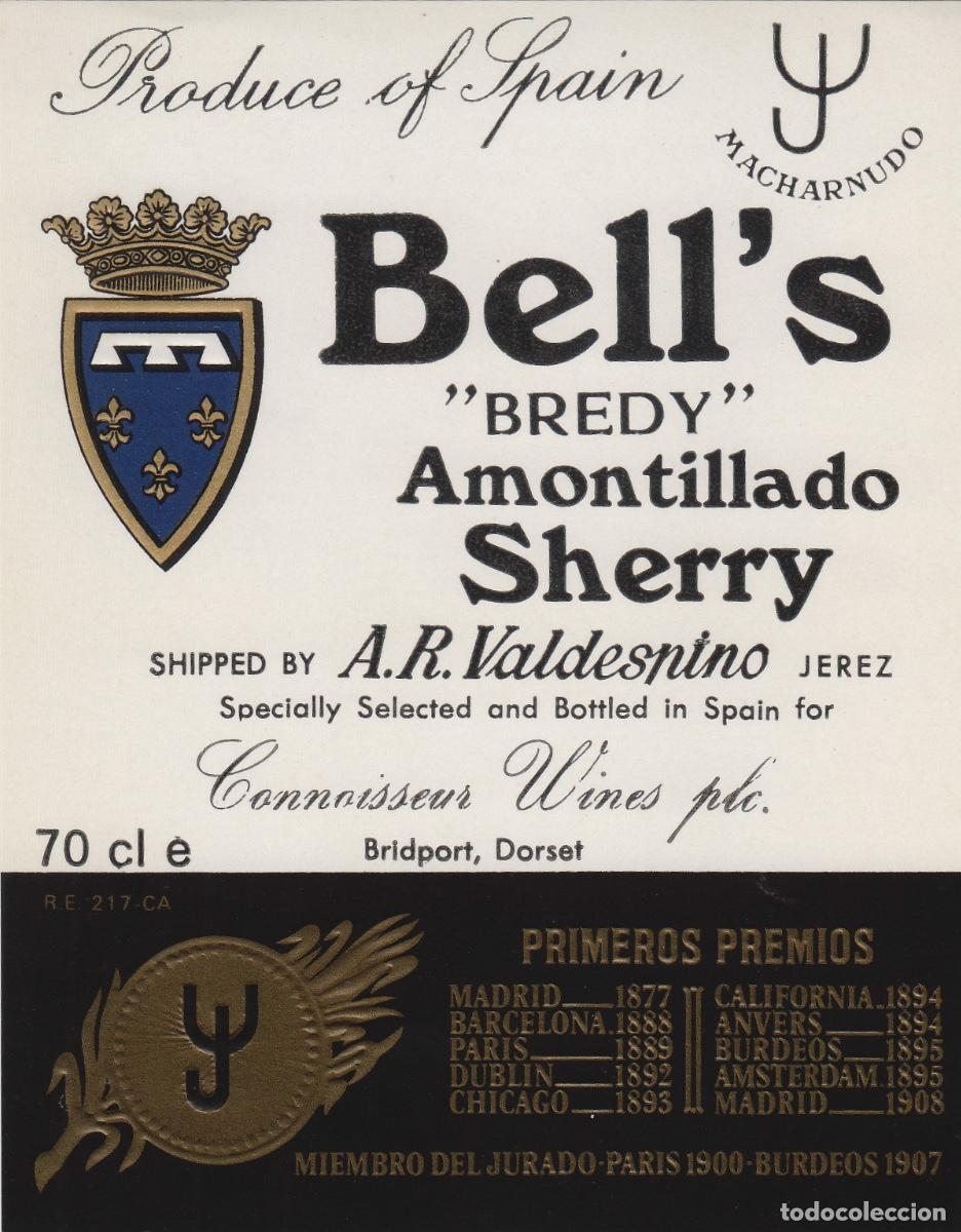 Etiquetas antiguas: VALDESPINO . JEREZ , BELLS BREDY AMONTILLADO . ETIQUETA DE VINO ref 159