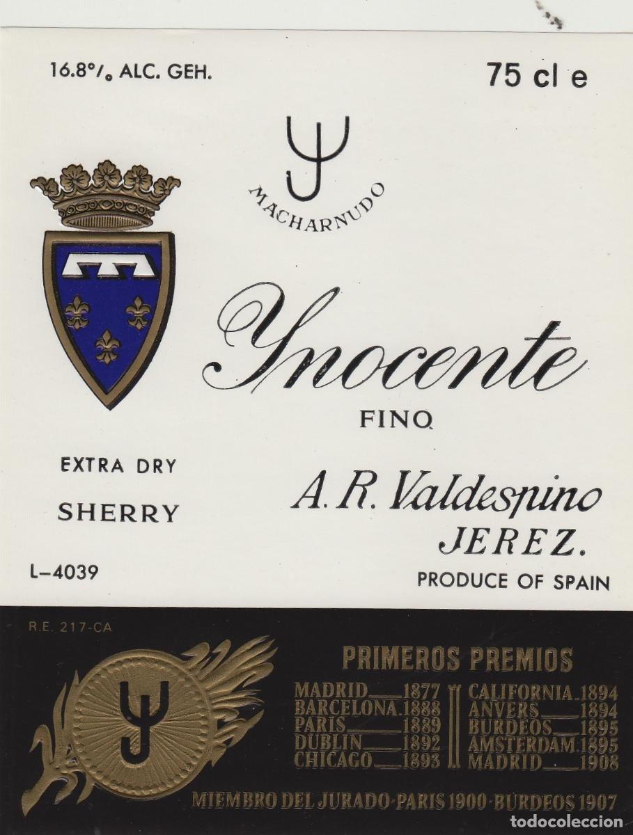 Etiquetas antiguas: VALDESPINO . JEREZ , MACHARNUDO INOCENTE FINO . ETIQUETA DE VINO ref 159