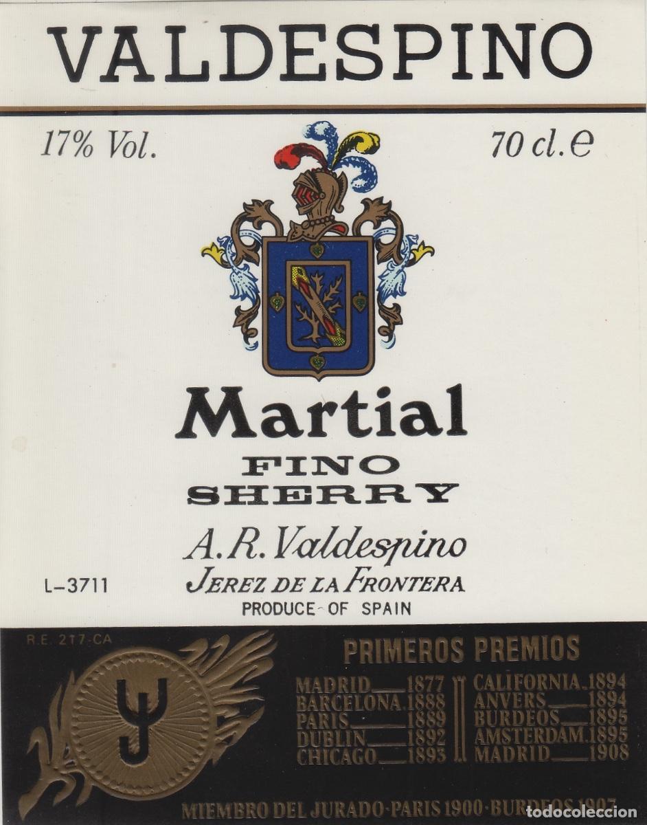 Etiquetas antiguas: VALDESPINO . JEREZ , MARTIAL FINO . ETIQUETA DE VINO ref 160