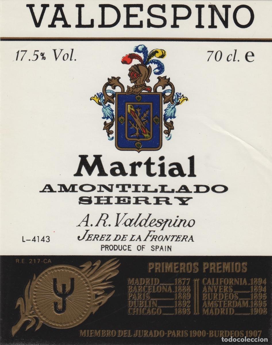Etiquetas antiguas: VALDESPINO . JEREZ , MARTIAL AMONTILLADO . ETIQUETA DE VINO ref 160