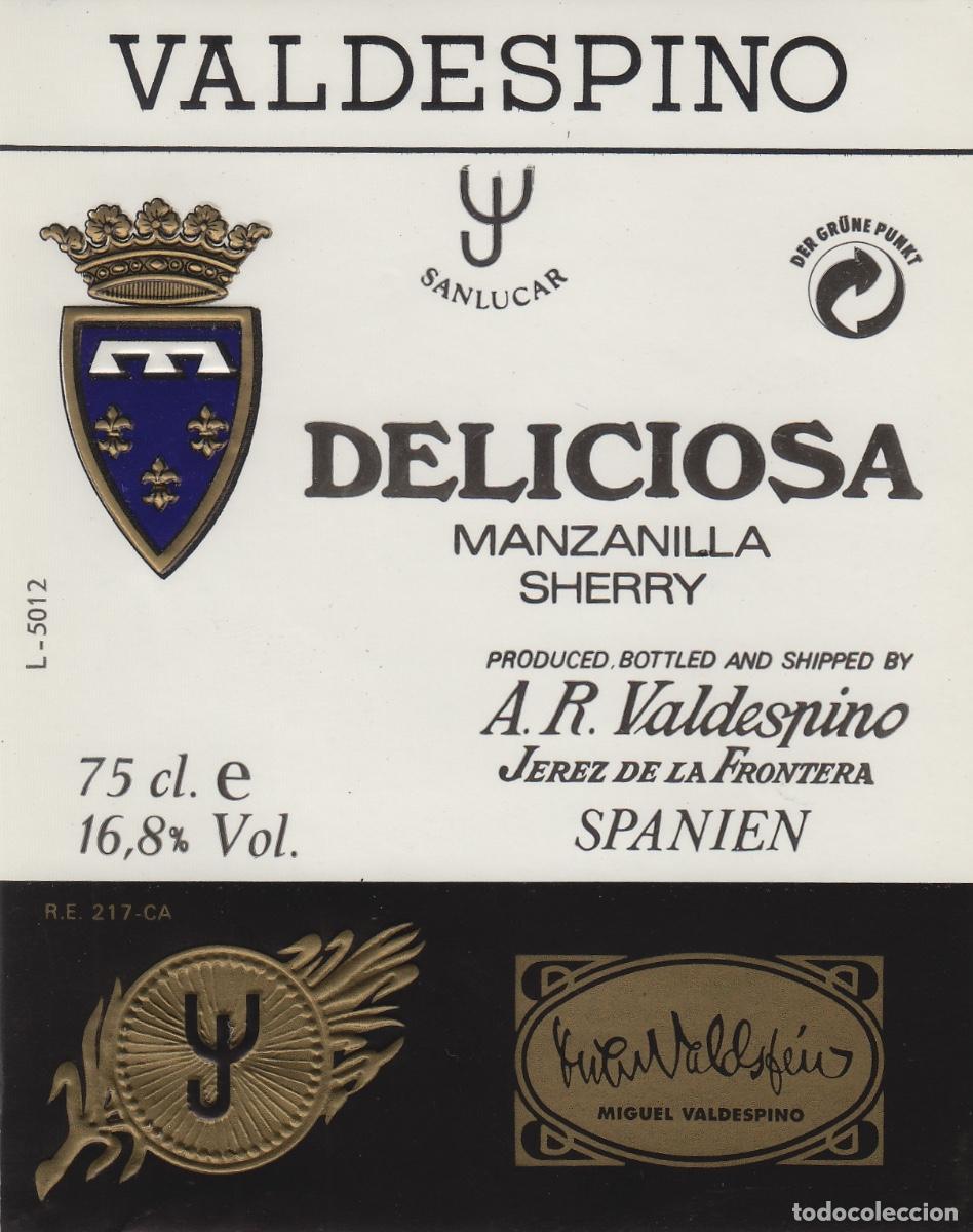 Etiquetas antiguas: VALDESPINO . JEREZ , DELICIOSA MANZANILLA . ETIQUETA DE VINO ref 160