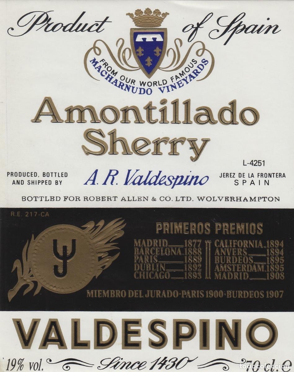 Etiquetas antiguas: VALDESPINO . JEREZ , AMONTILLADO SHERRY . ETIQUETA DE VINO ref 162