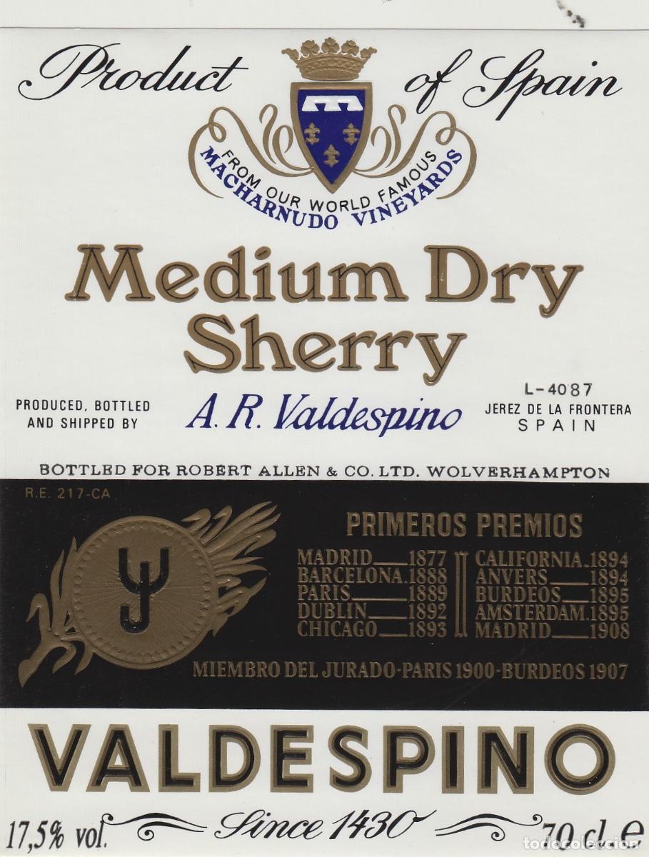 Etiquetas antiguas: VALDESPINO . JEREZ , MEDIUM DRY SHERRY . ETIQUETA DE VINO ref 162