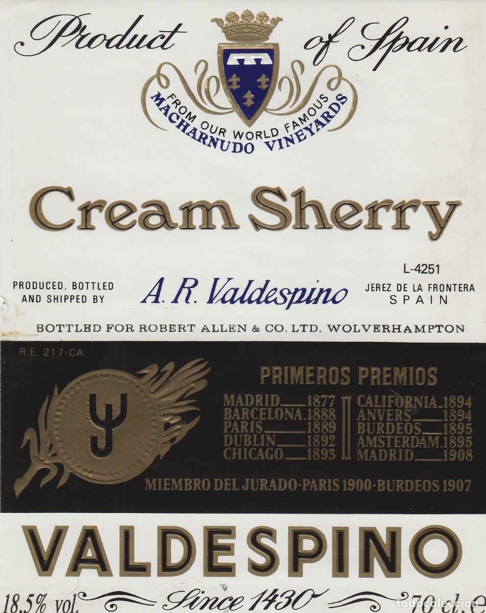 Etiquetas antiguas: VALDESPINO . JEREZ , CREAM SHERRY . ETIQUETA DE VINO ref 162