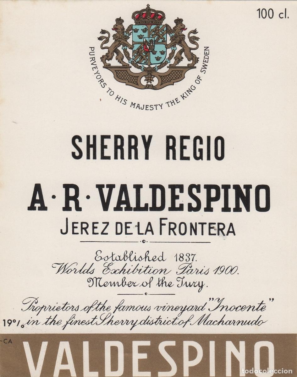 Etiquetas antiguas: VALDESPINO . JEREZ , SHERRY REGIO . ETIQUETA DE VINO ref 167