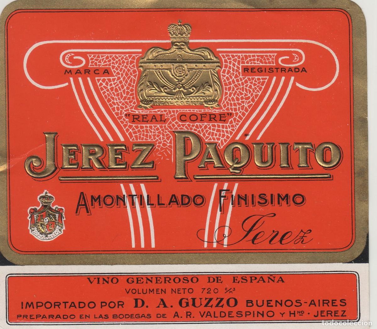 Etiquetas antiguas: VALDESPINO . JEREZ PAQUITO AMONTILLADO . ETIQUETA DE VINO ref 182