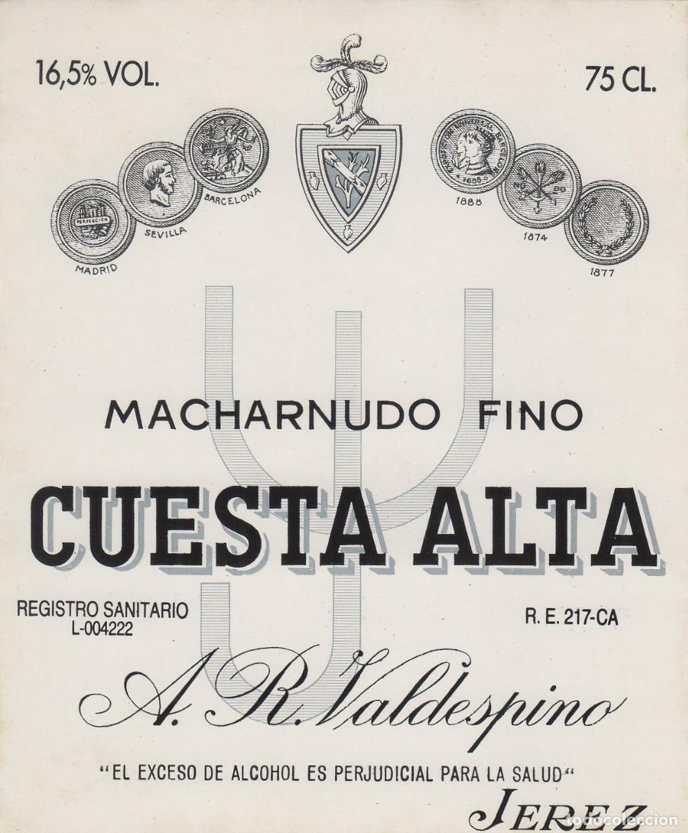 Etiquetas antiguas: VALDESPINO . JEREZ MACHARNUDO CUESTA ALTA . ETIQUETA DE VINO ref 183
