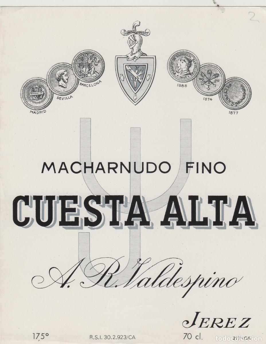 Etiquetas antiguas: VALDESPINO . JEREZ MACHARNUDO CUESTA ALTA . ETIQUETA DE VINO ref 183