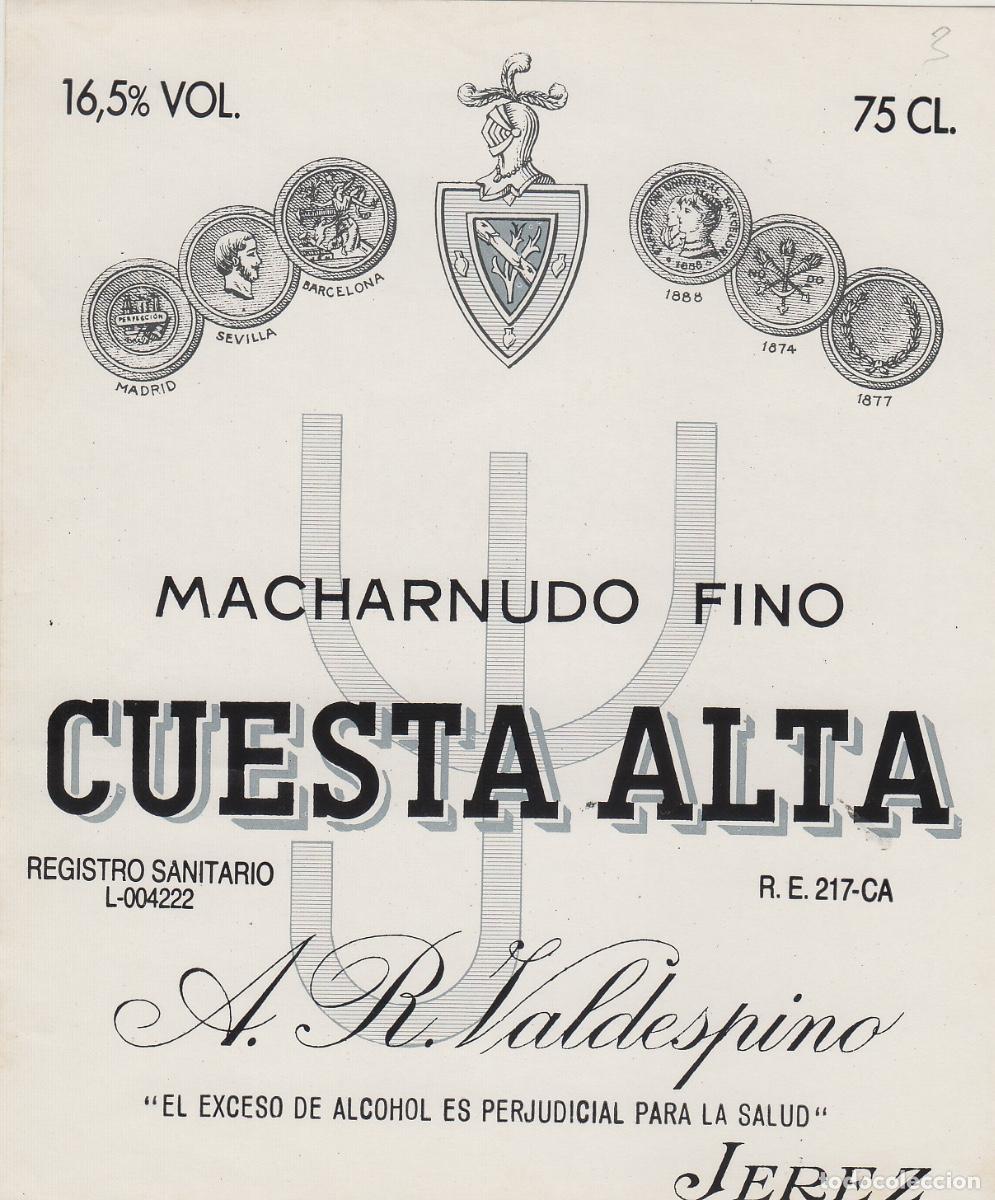 Etiquetas antiguas: VALDESPINO . JEREZ MACHARNUDO CUESTA ALTA . ETIQUETA DE VINO ref 183