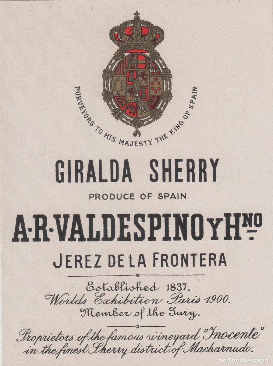 Etiquetas antiguas: VALDESPINO . JEREZ GIRALDA SHERRY . ETIQUETA DE VINO ref 185