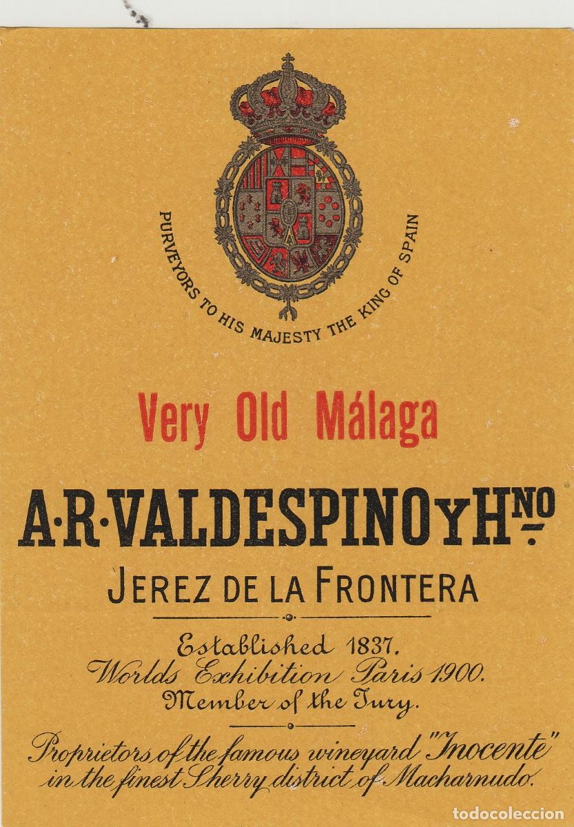 Etiquetas antiguas: VALDESPINO . JEREZ .VERY OLD M&Aacute;LAGA , ETIQUETA DE VINO ref 185