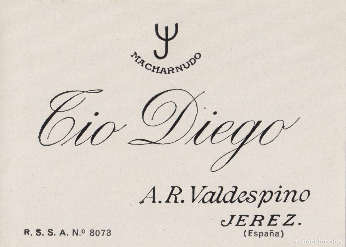 Etiquetas antiguas: VALDESPINO . JEREZ . TIO DIEGO , ETIQUETA DE VINO ref 186