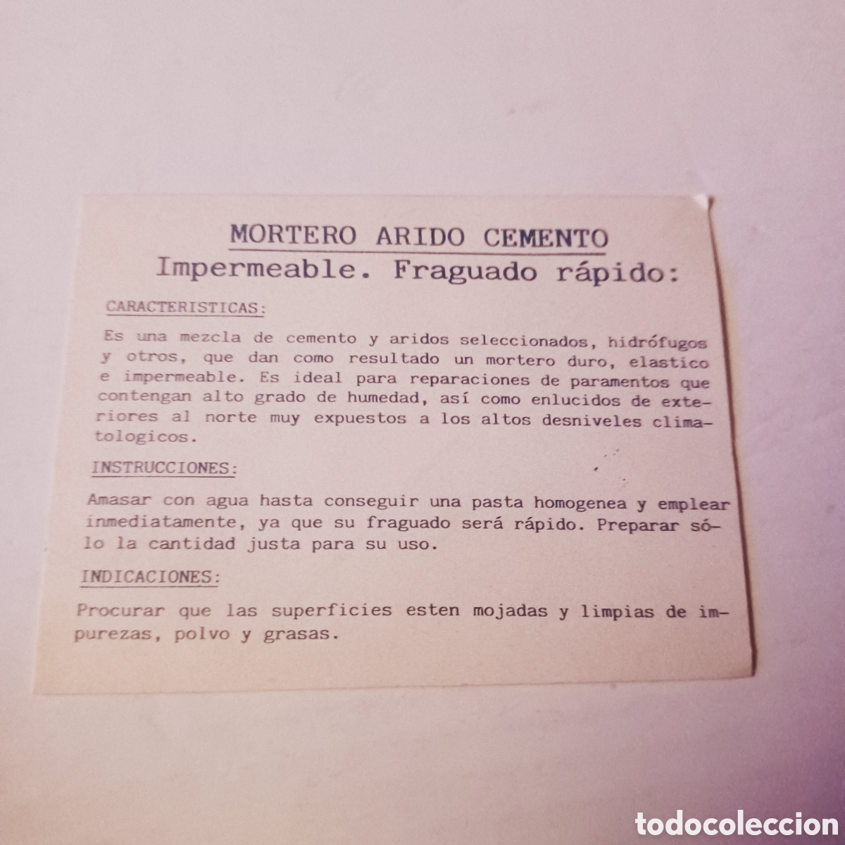 Etiquetas antiguas: Etiqueta adhesiva a&ntilde;os 80 Instrucciones Mortero seco arido impermeable 7x5,5 cm
