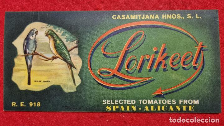 Old Labels: ANTIGUA ETIQUETA CARTEL ITO TOMATES LORIKEET LOROS CASAMITJANA HNOS. ALICANTE ORIGINAL K15