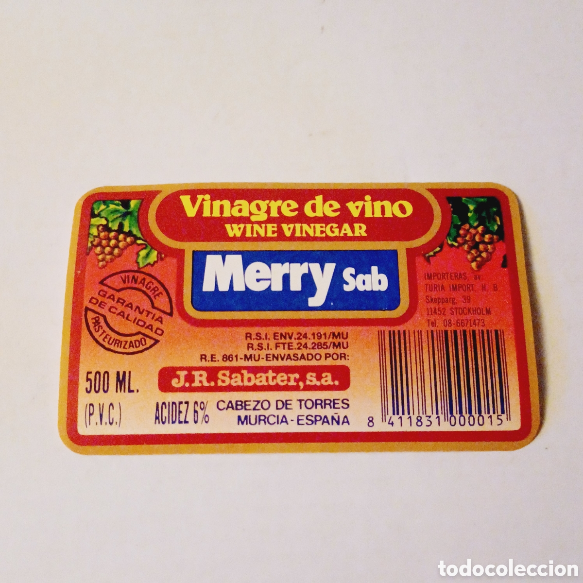 Etiquetas antiguas: Etiqueta a&ntilde;os 80 alimentaci&oacute;n Vinagre de vino Merry Sab Cabezo de torres Murcia 9x6 cm