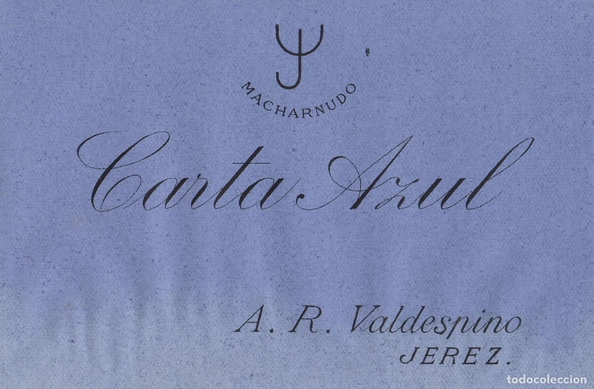 Etiquetas antiguas: VALDESPINO . JEREZ . MACHARNUDO CARTA AZUL , ETIQUETA DE VINO ref 187