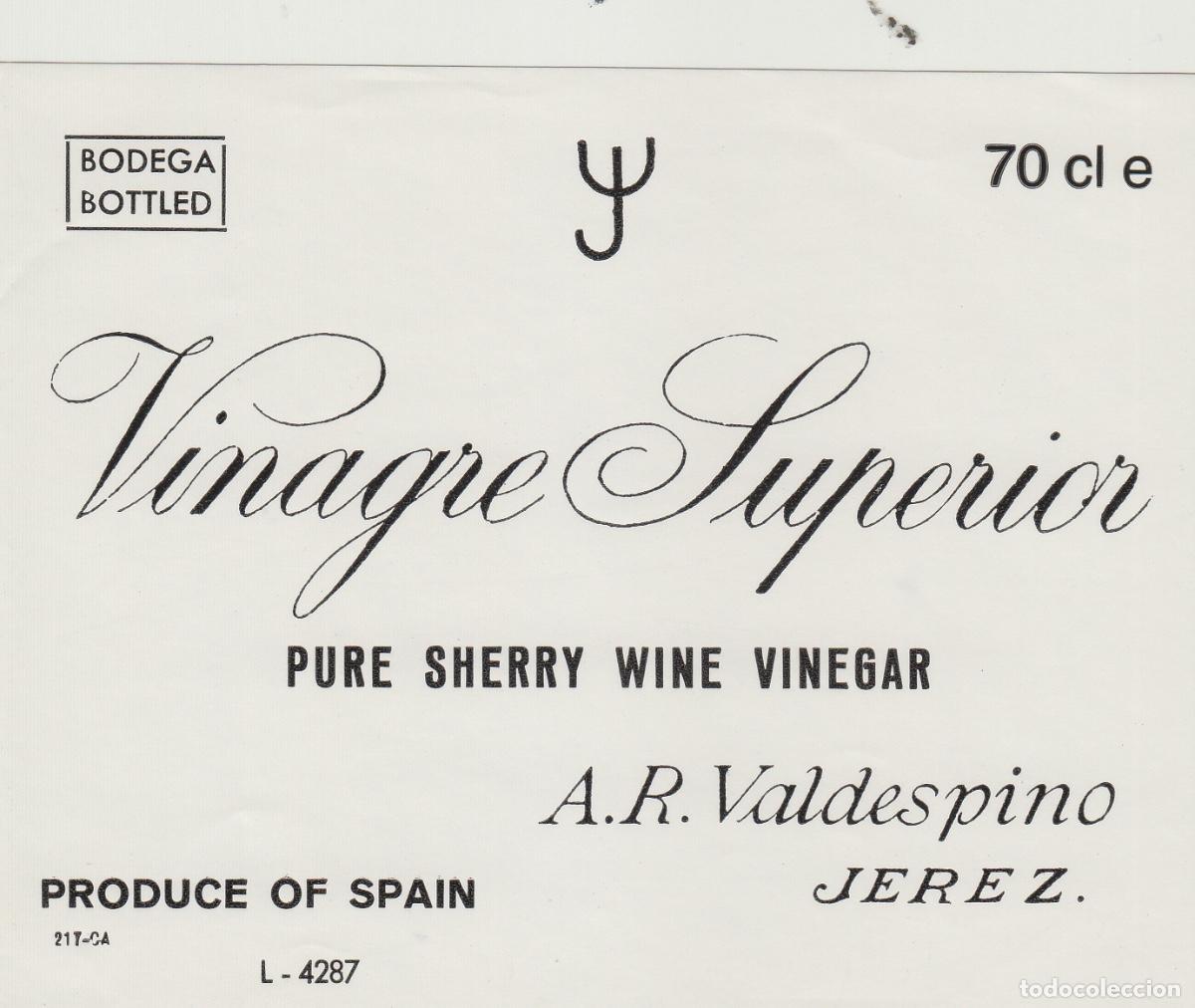 Etiquetas antiguas: VALDESPINO . JEREZ . VINAGRE SUPERIOR , ETIQUETA DE VINO ref 187