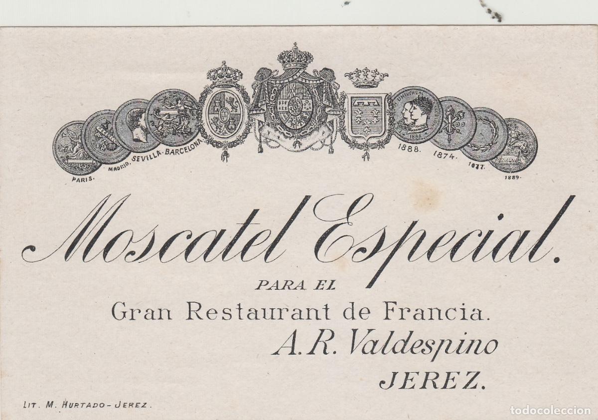 Etiquetas antiguas: VALDESPINO . JEREZ . MOSCATEL ESPECIAL PARA GRAN RESTAURANT FRANCIA , ETIQUETA DE VINO ref 188