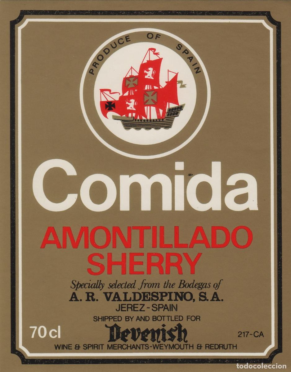 Etiquetas antiguas: VALDESPINO . JEREZ .COMIDA AMONTILLADO , ETIQUETA DE VINO ref 192