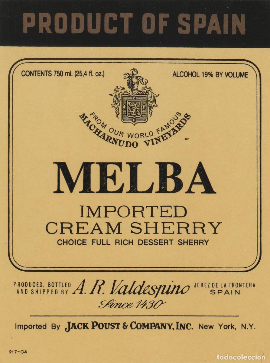 Etiquetas antiguas: VALDESPINO . JEREZ .MELBA , ETIQUETA DE VINO ref 193