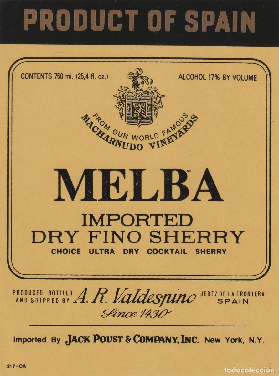 Etiquetas antiguas: VALDESPINO . JEREZ .MELBA , ETIQUETA DE VINO ref 193