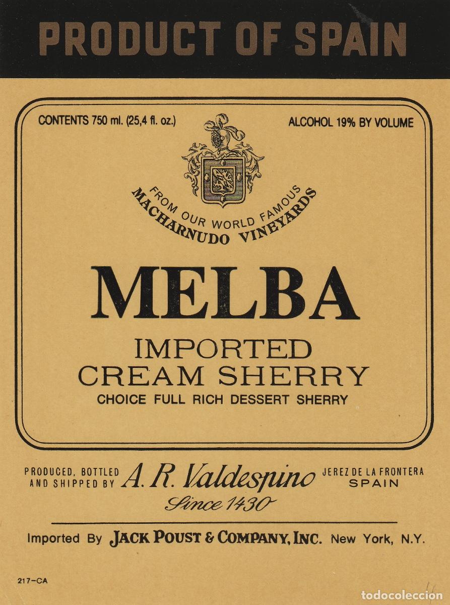Etiquetas antiguas: VALDESPINO . JEREZ .MELBA , ETIQUETA DE VINO ref 193