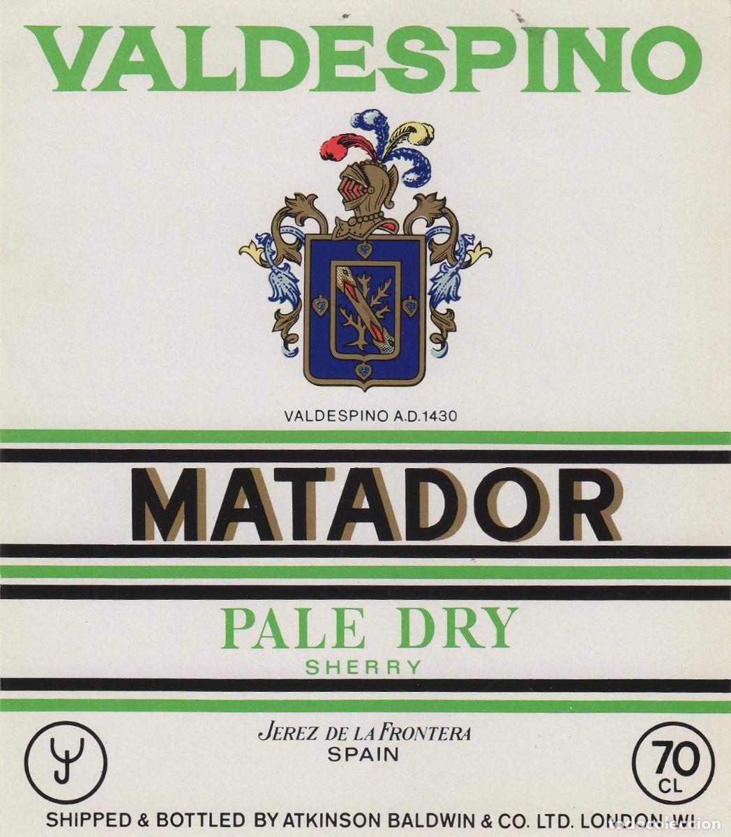 Etiquetas antiguas: VALDESPINO . JEREZ . MATADOR , ETIQUETA DE VINO ref 194