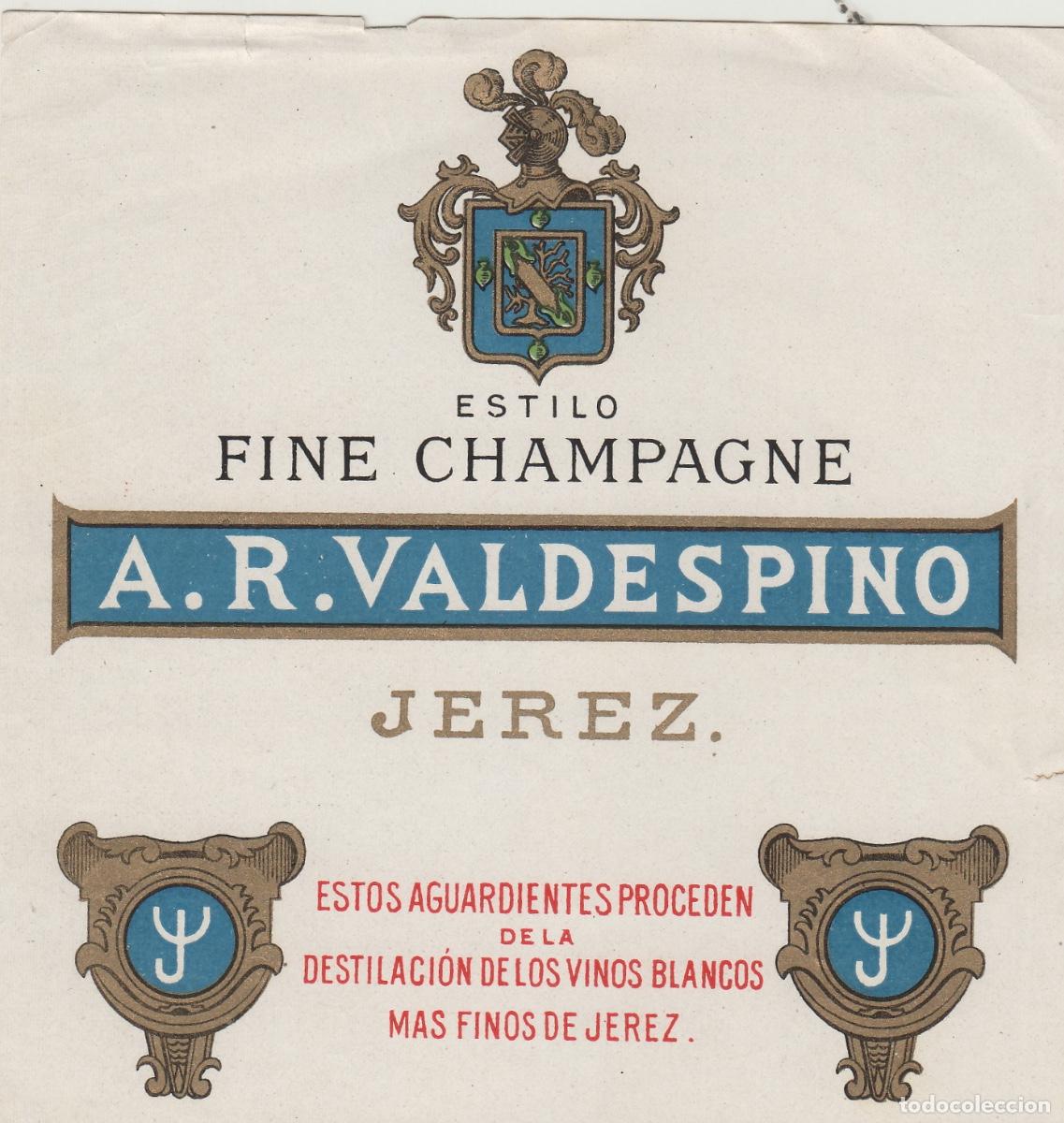 Etiquetas antiguas: VALDESPINO . JEREZ . FINE CHAMPAGNE , ETIQUETA DE VINO ref 195