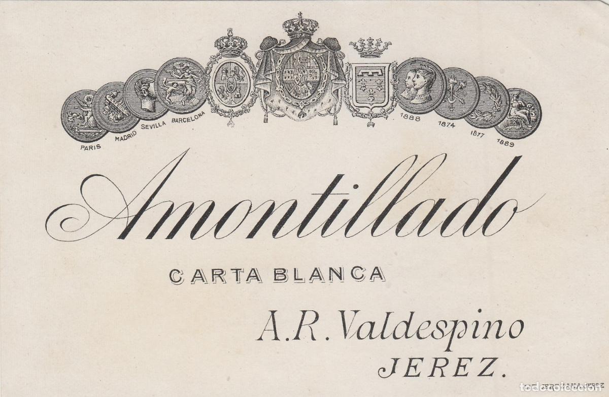 Etiquetas antiguas: VALDESPINO . JEREZ , AMONTILLADO CARTA BLANCA , ETIQUETA DE VINO ref 209