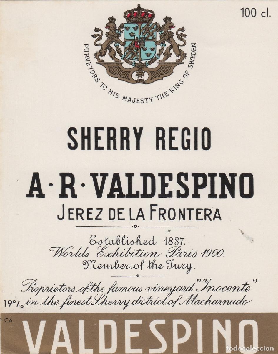 Etiquetas antiguas: VALDESPINO . JEREZ . SHERRY REGIO , ETIQUETA DE VINO ref 220