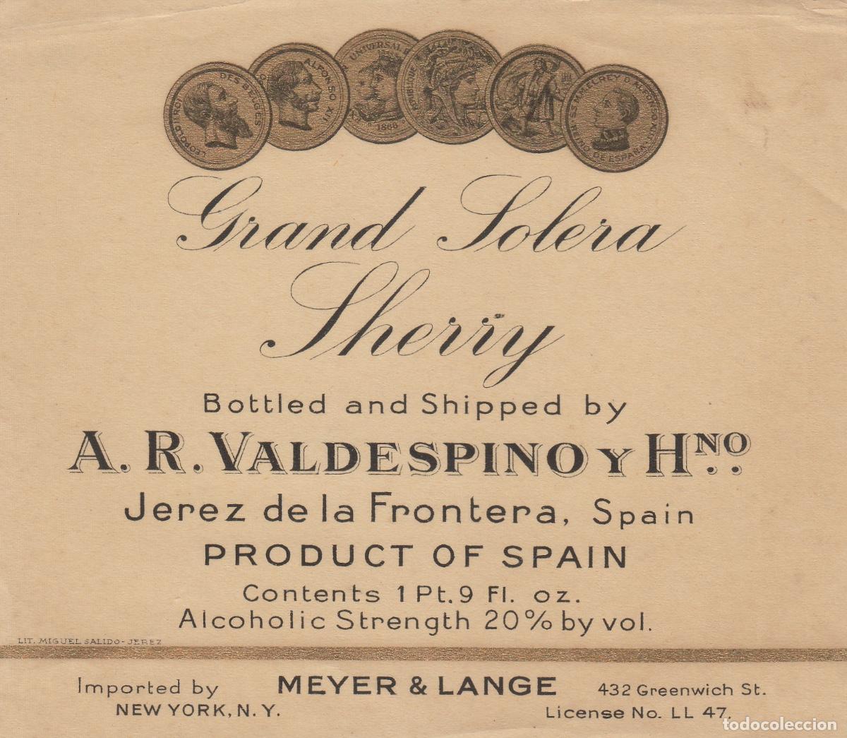 Etiquetas antiguas: VALDESPINO . JEREZ . GRAND SOLERA SHERRY , ETIQUETA DE VINO ref 224