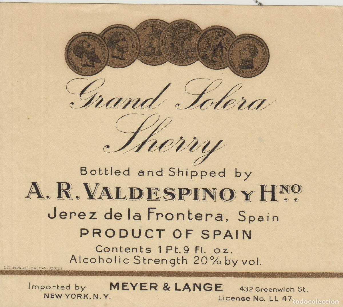 Etiquetas antiguas: VALDESPINO . JEREZ . GRAND SOLERA SHERRY , ETIQUETA DE VINO ref 224