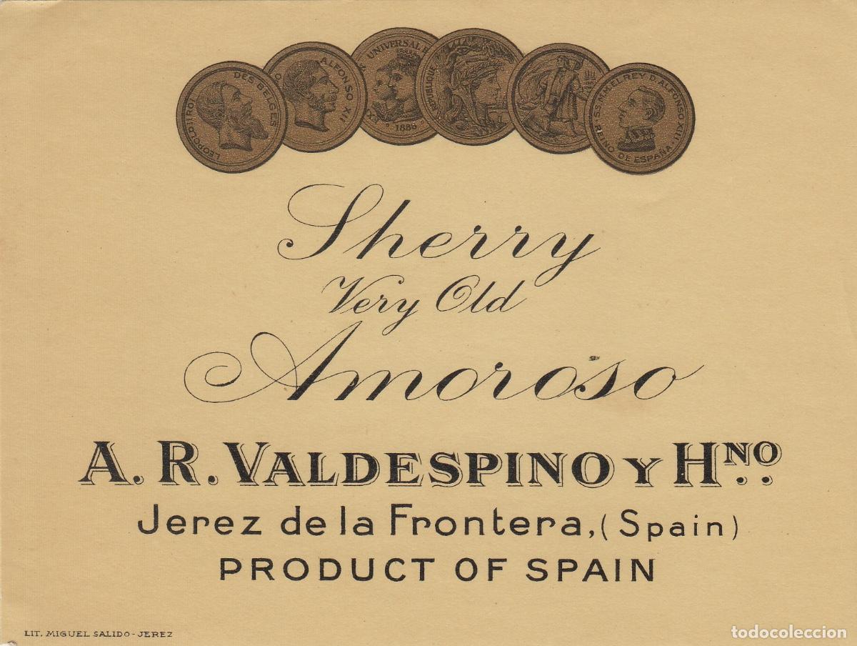Etiquetas antiguas: VALDESPINO . JEREZ . SHERRY AMOROSO , ETIQUETA DE VINO ref 224