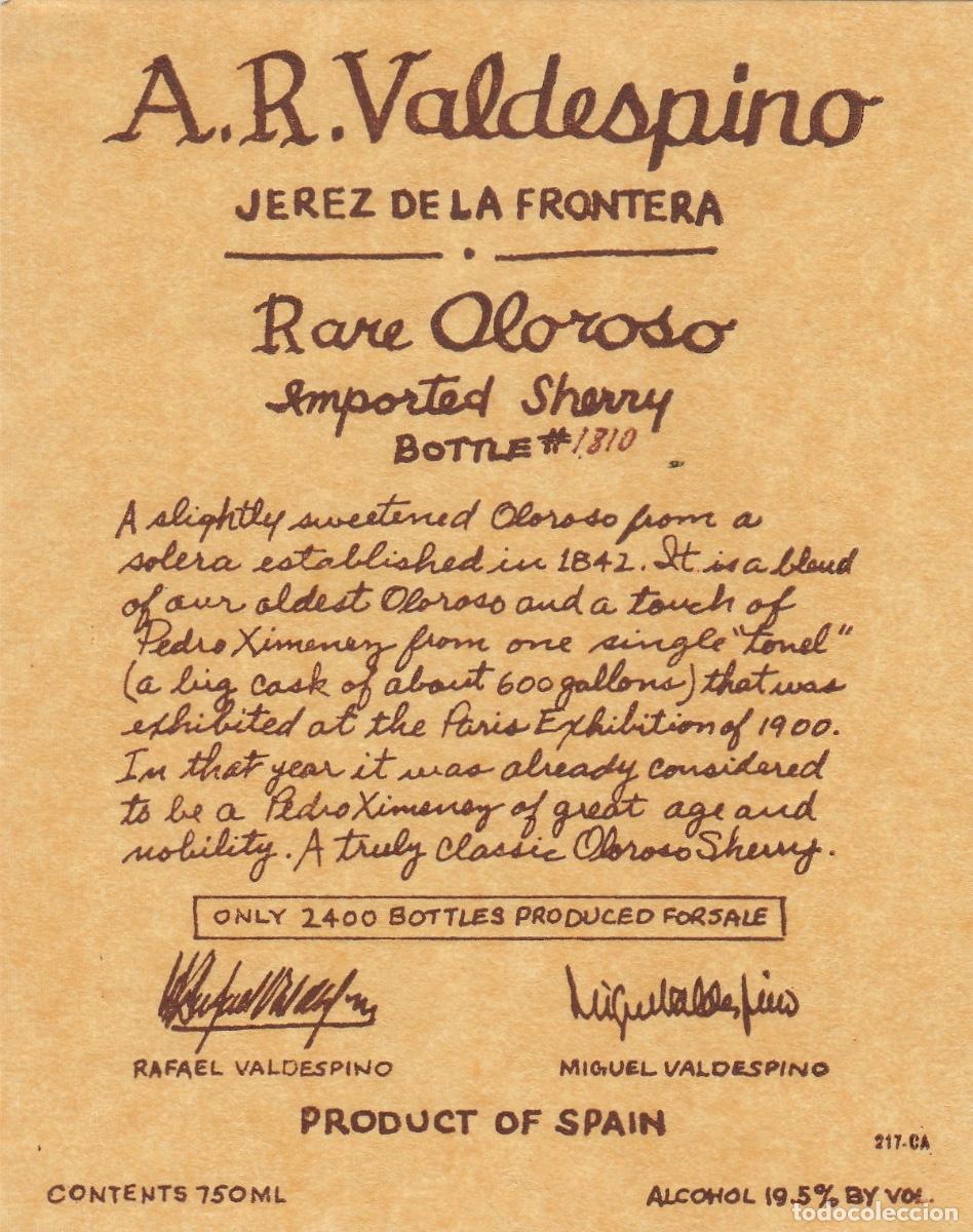 Etiquetas antiguas: VALDESPINO . JEREZ . RARE OLOROSO , ETIQUETA DE VINO ref 226