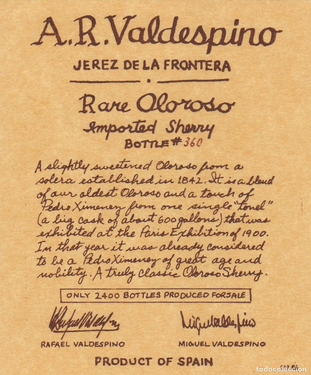 Etiquetas antiguas: VALDESPINO . JEREZ . RARE OLOROSO , ETIQUETA DE VINO ref 226