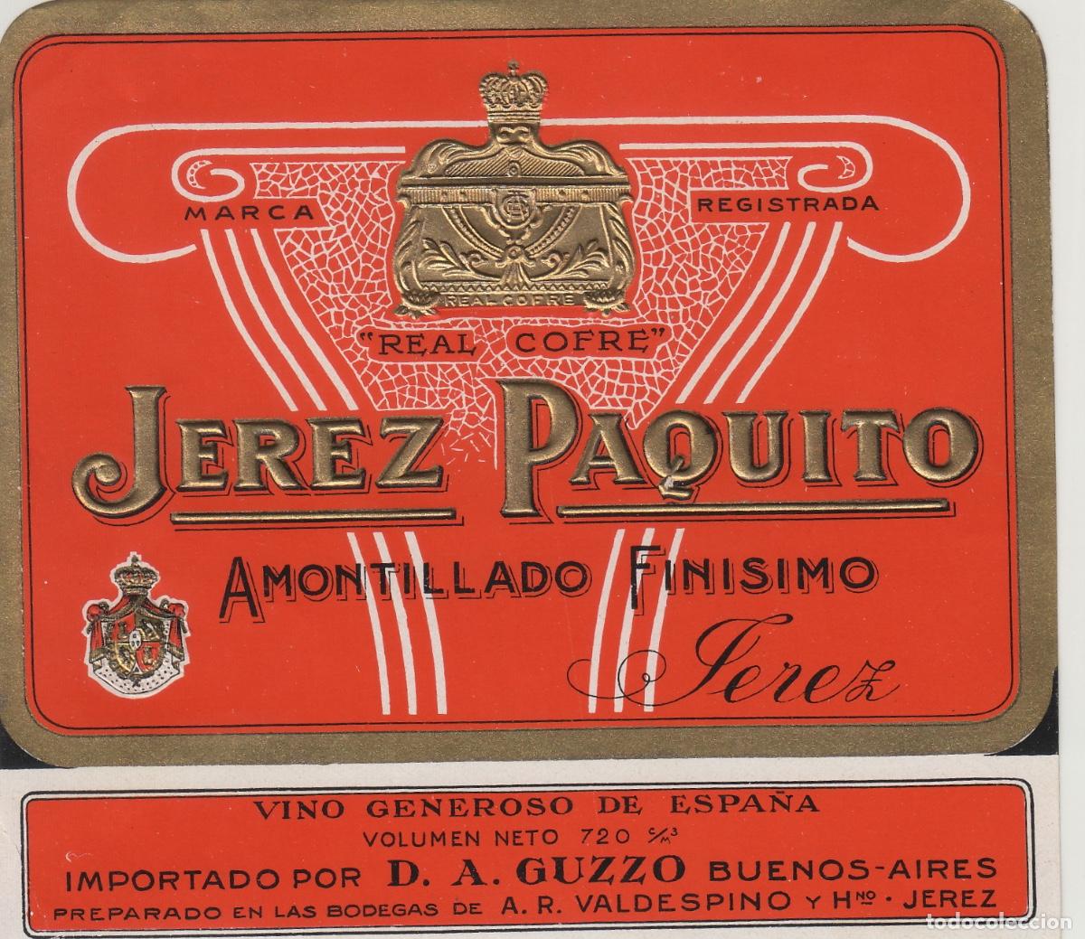 Etichette antiche: VALDESPINO . JEREZ . PAQUITO AMONTILLADO , ETIQUETA DE VINO ref 227