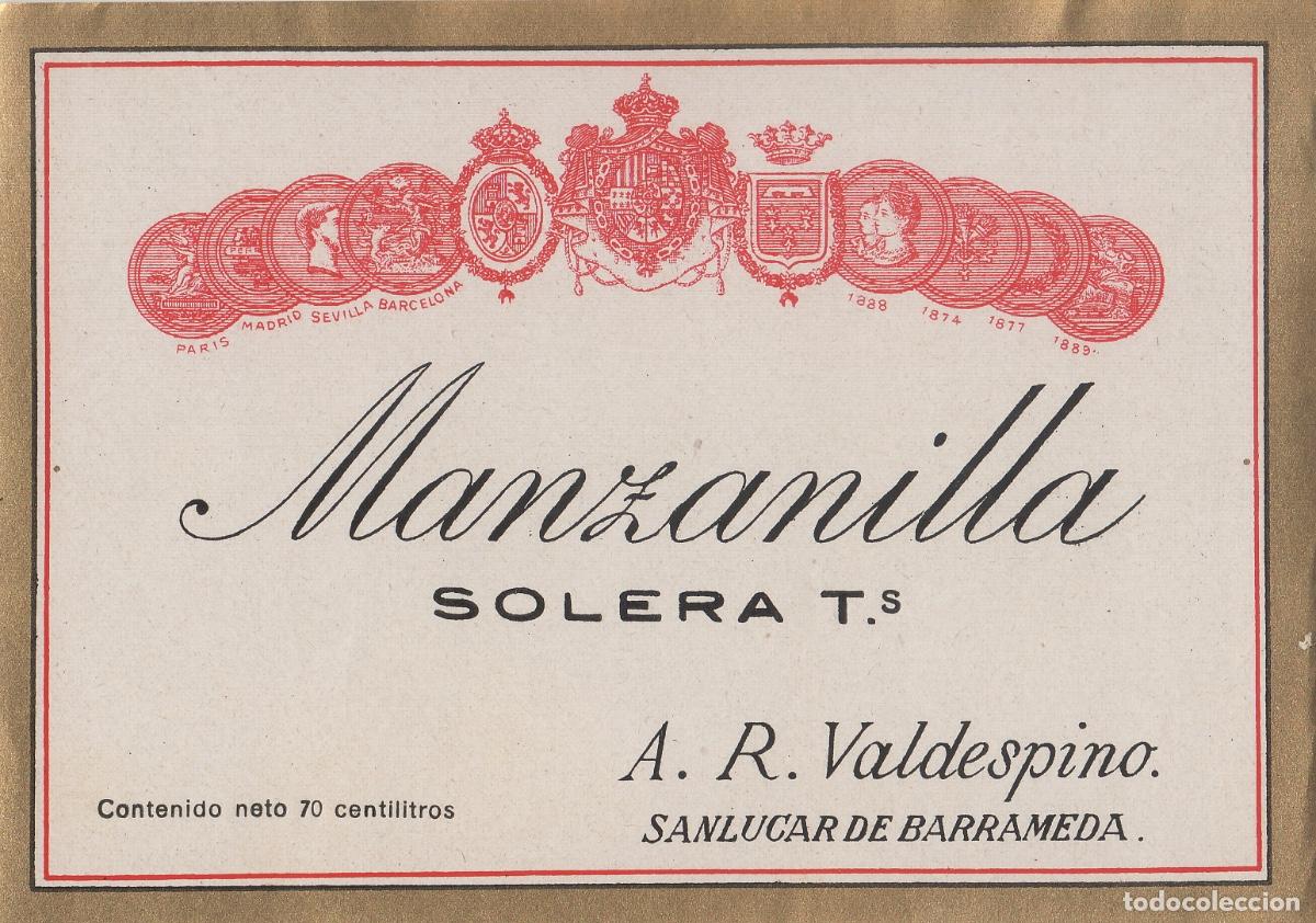 Etiquetas antiguas: VALDESPINO . SANL&Uacute;CAR MANZANILLA SOLERA , ETIQUETA DE VINO ref 229