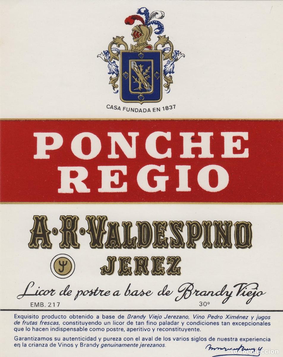 Etiquetas antiguas: VALDESPINO . JEREZ , PONCHE REGIO , ETIQUETA DE VINO ref 232