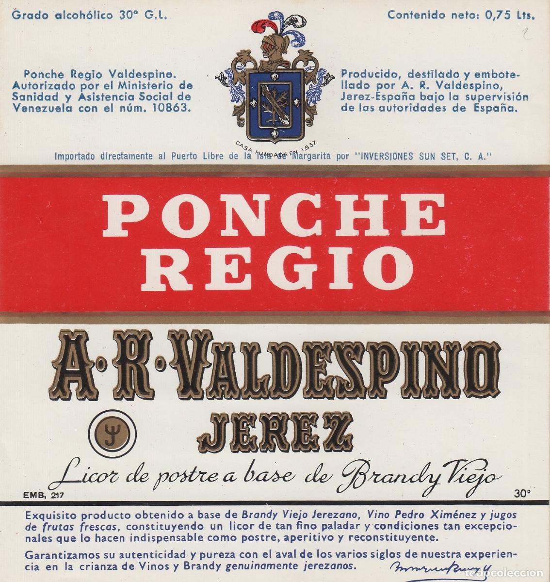 Etiquetas antiguas: VALDESPINO . JEREZ , PONCHE REGIO , ETIQUETA DE VINO ref 232