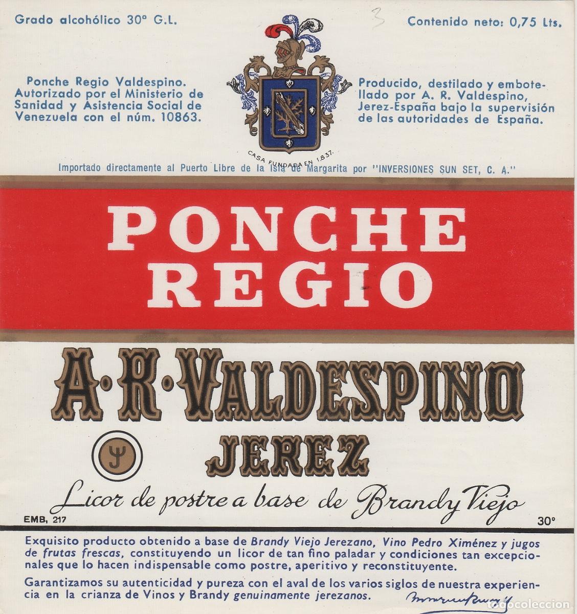 Etiquetas antiguas: VALDESPINO . JEREZ , PONCHE REGIO , ETIQUETA DE VINO ref 232