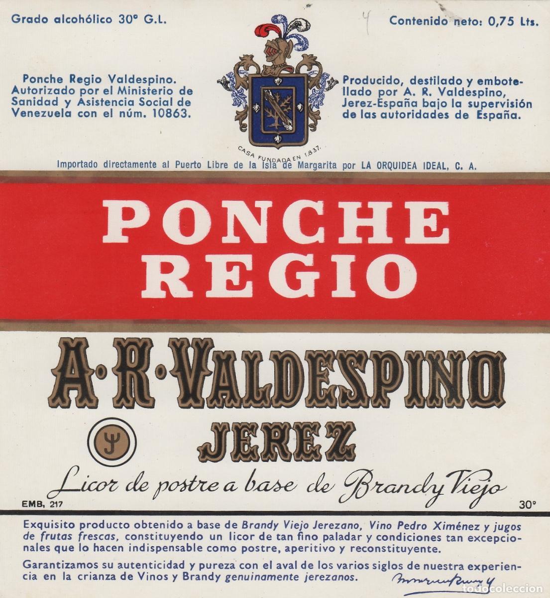 Etiquetas antiguas: VALDESPINO . JEREZ , PONCHE REGIO , ETIQUETA DE VINO ref 232