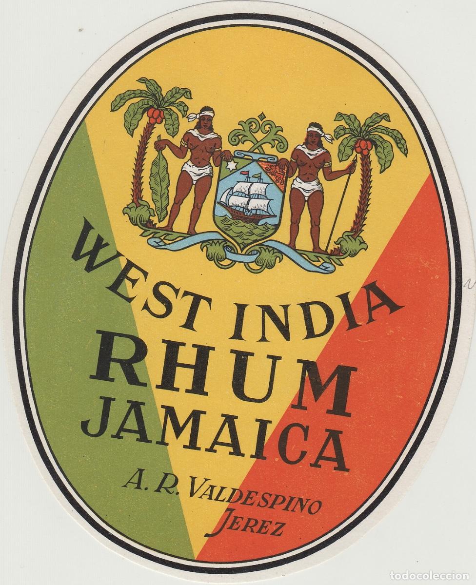 Etiquetas antiguas: VALDESPINO . J&Eacute;REZ , RON RHUM JAMAICA , ETIQUETA DE VINO ref 236