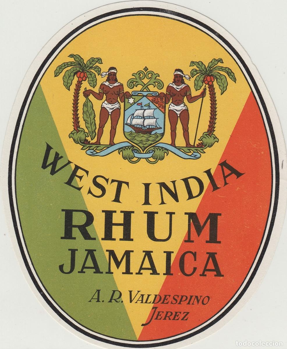 Etiquetas antiguas: VALDESPINO . J&Eacute;REZ , RON RHUM JAMAICA , ETIQUETA DE VINO ref 236